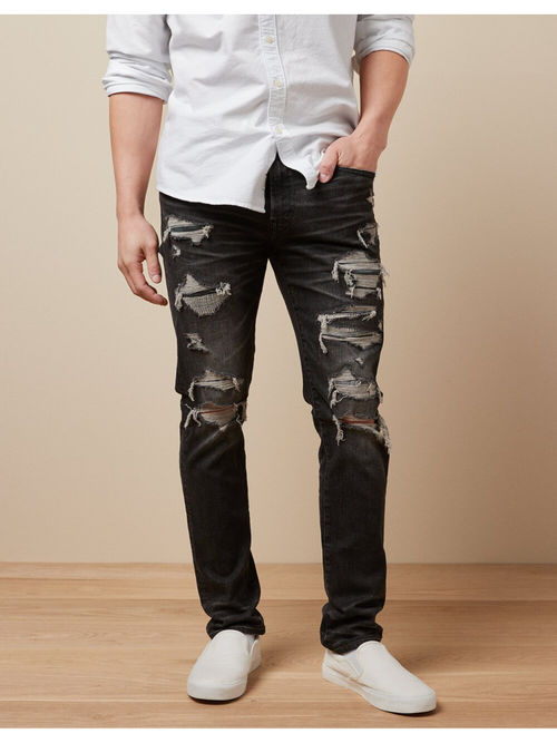 Buy American Eagle Men Black Airflex Patched Slim Jeans Online