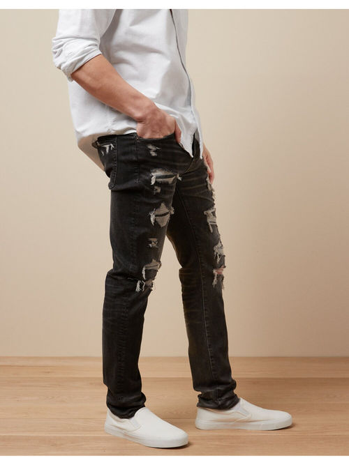 Buy American Eagle Men Black Airflex Patched Slim Jeans Online - Main Image