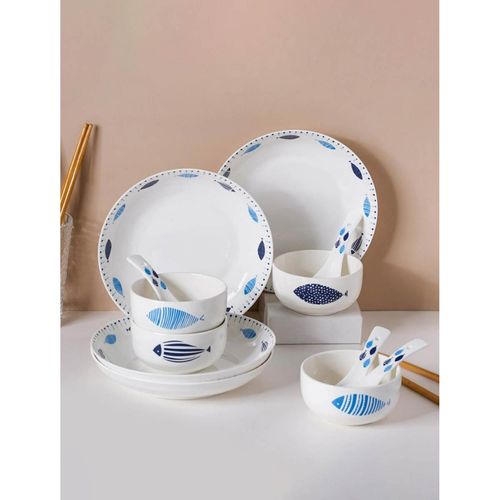 Nestasia White And Blue 16-Piece Ceramic Fish Crockery Set