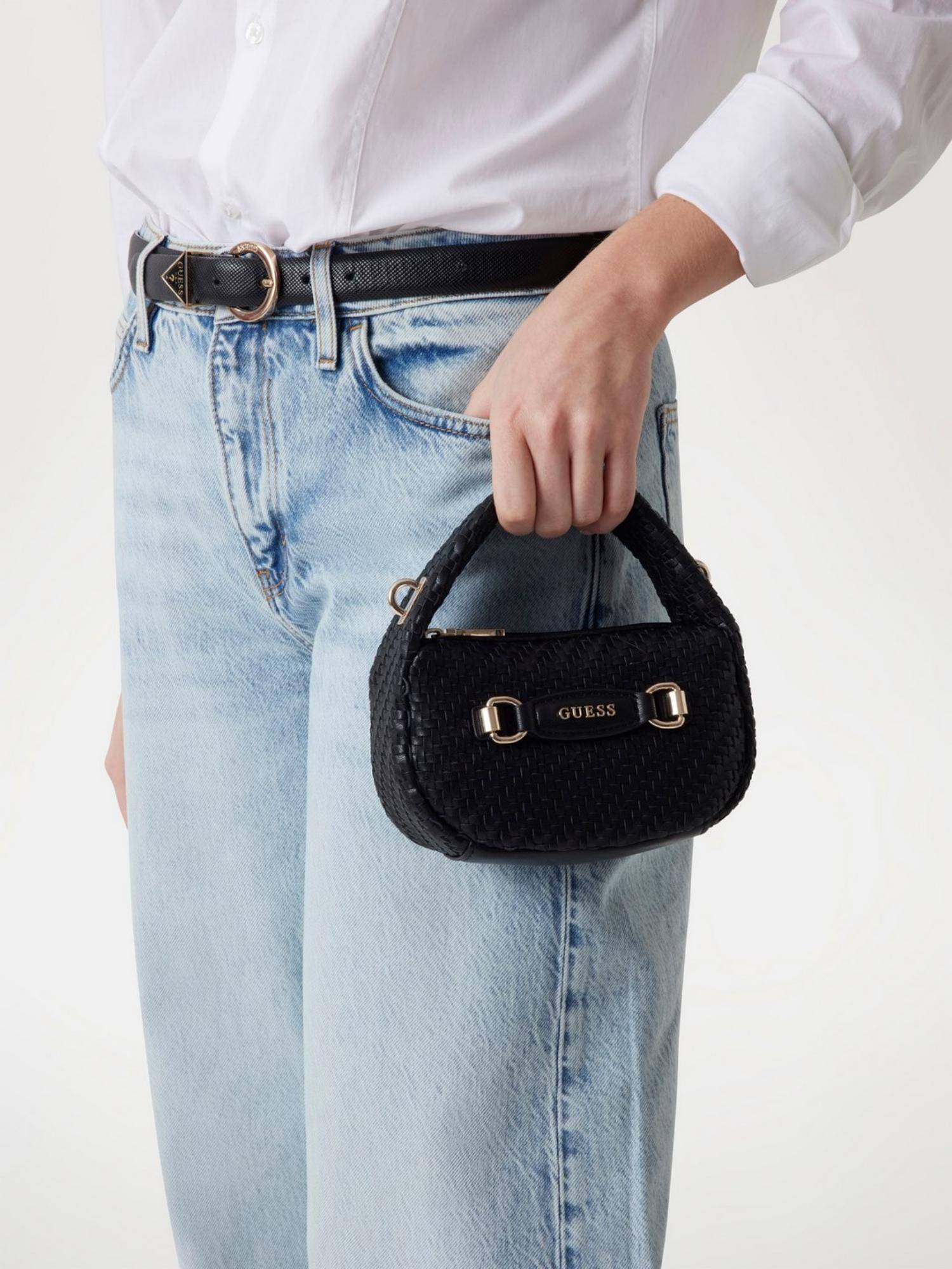 Guess Black Basket Weave Francy Handbag With Detachable Strap