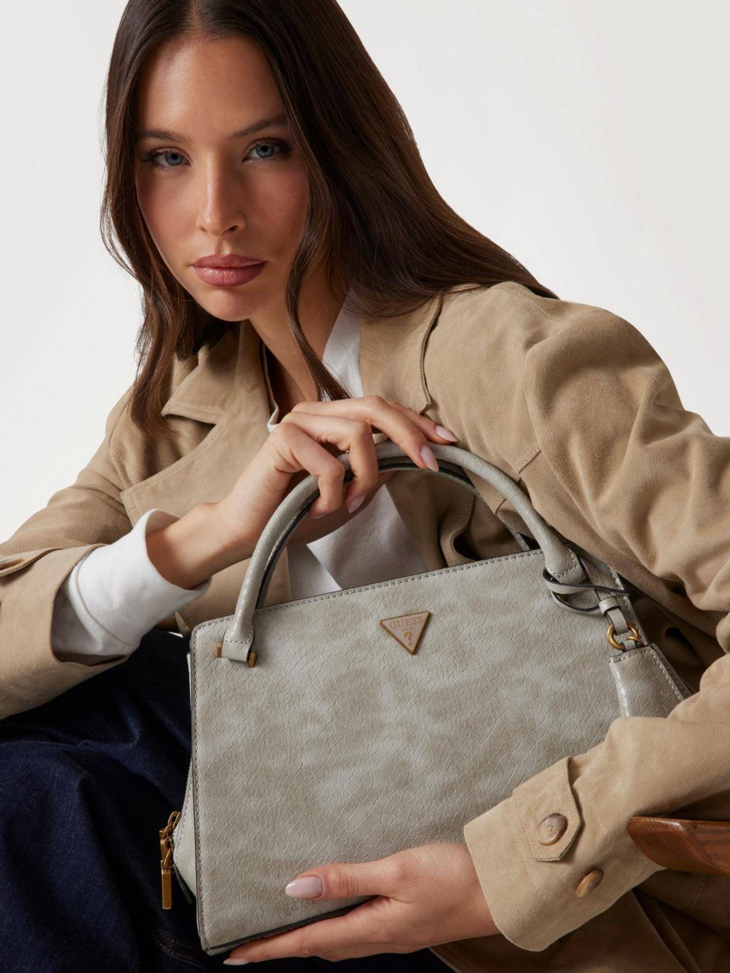 Guess Taupe Textured Annita Girlfriend Satchel Bag With Detachable Strap