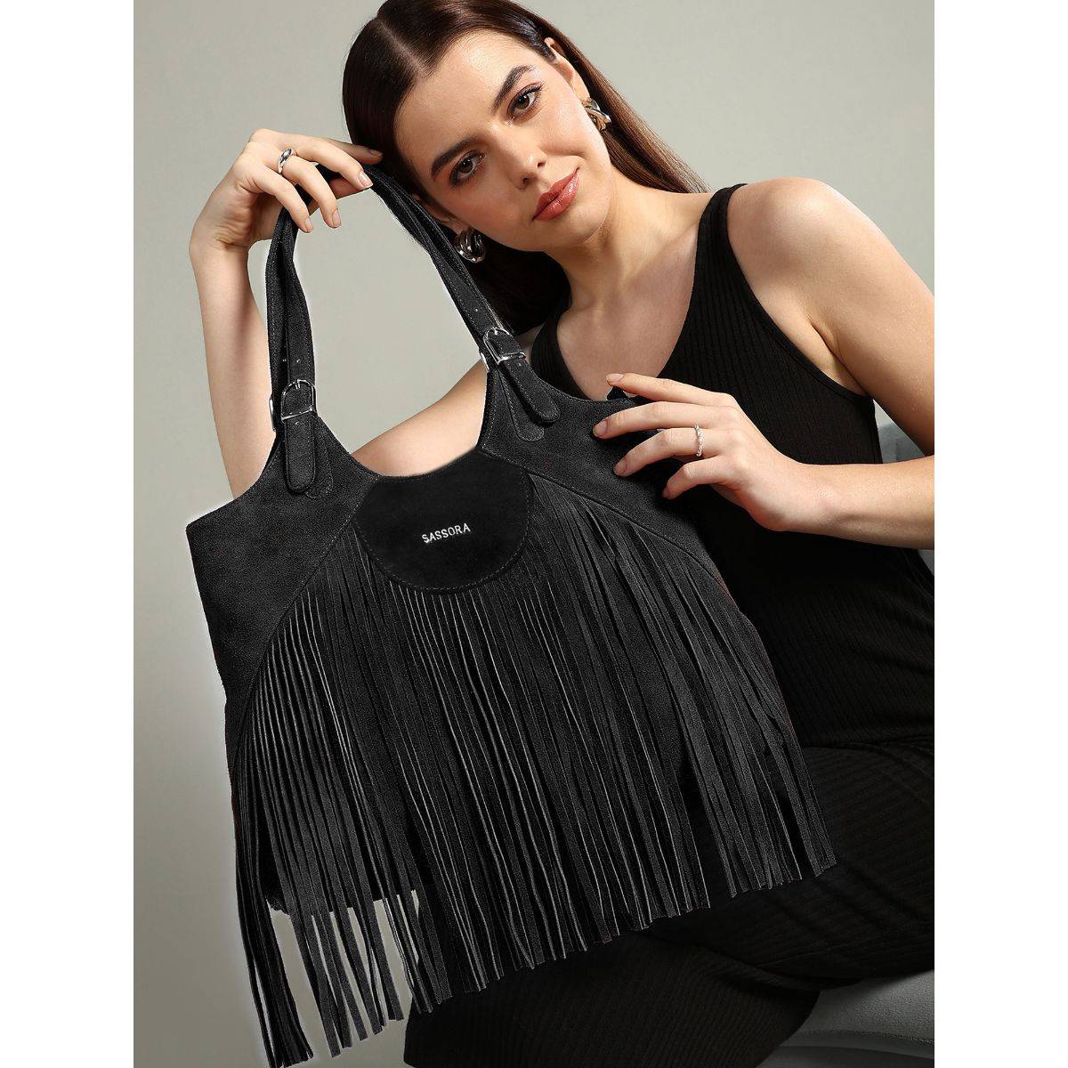 Sassora Premium Suede Leather Women Fringe Shoulder Bag (L)