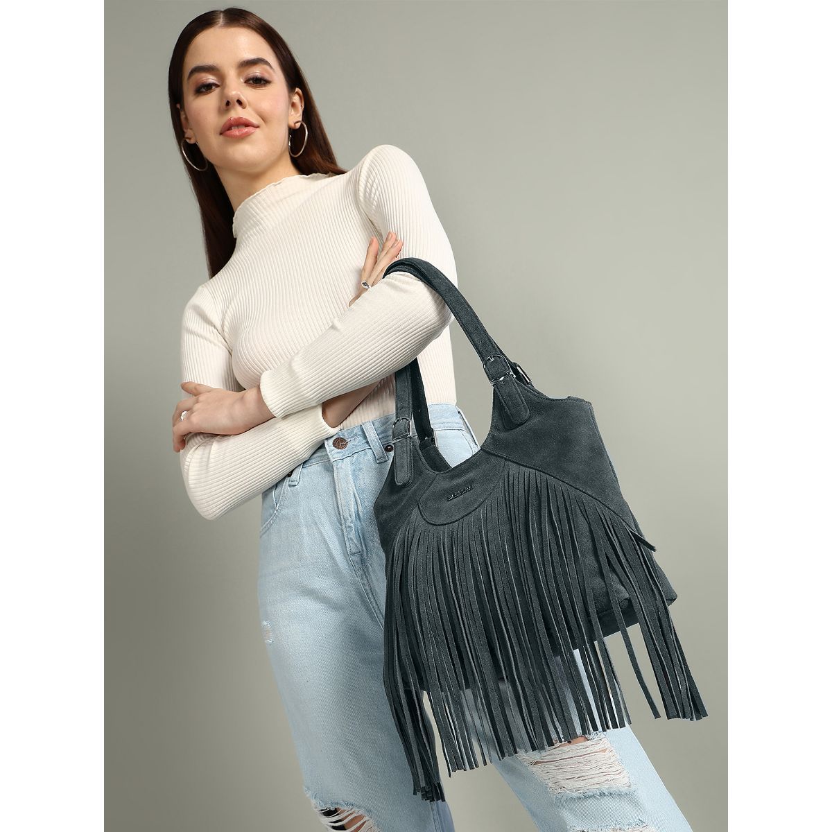 Buy Sassora Premium Suede Leather Women Fringe Shoulder Bag (M) Online