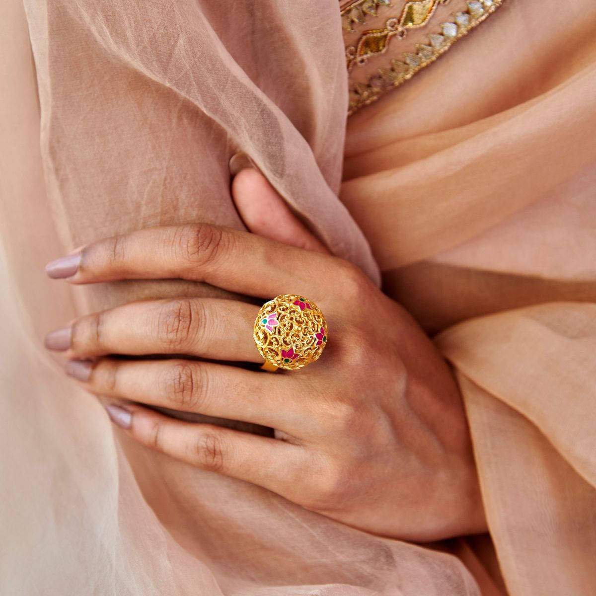 ZARIIN 22KT Gold Dipped in Pink Enamel Lotus Globe Statement Ring