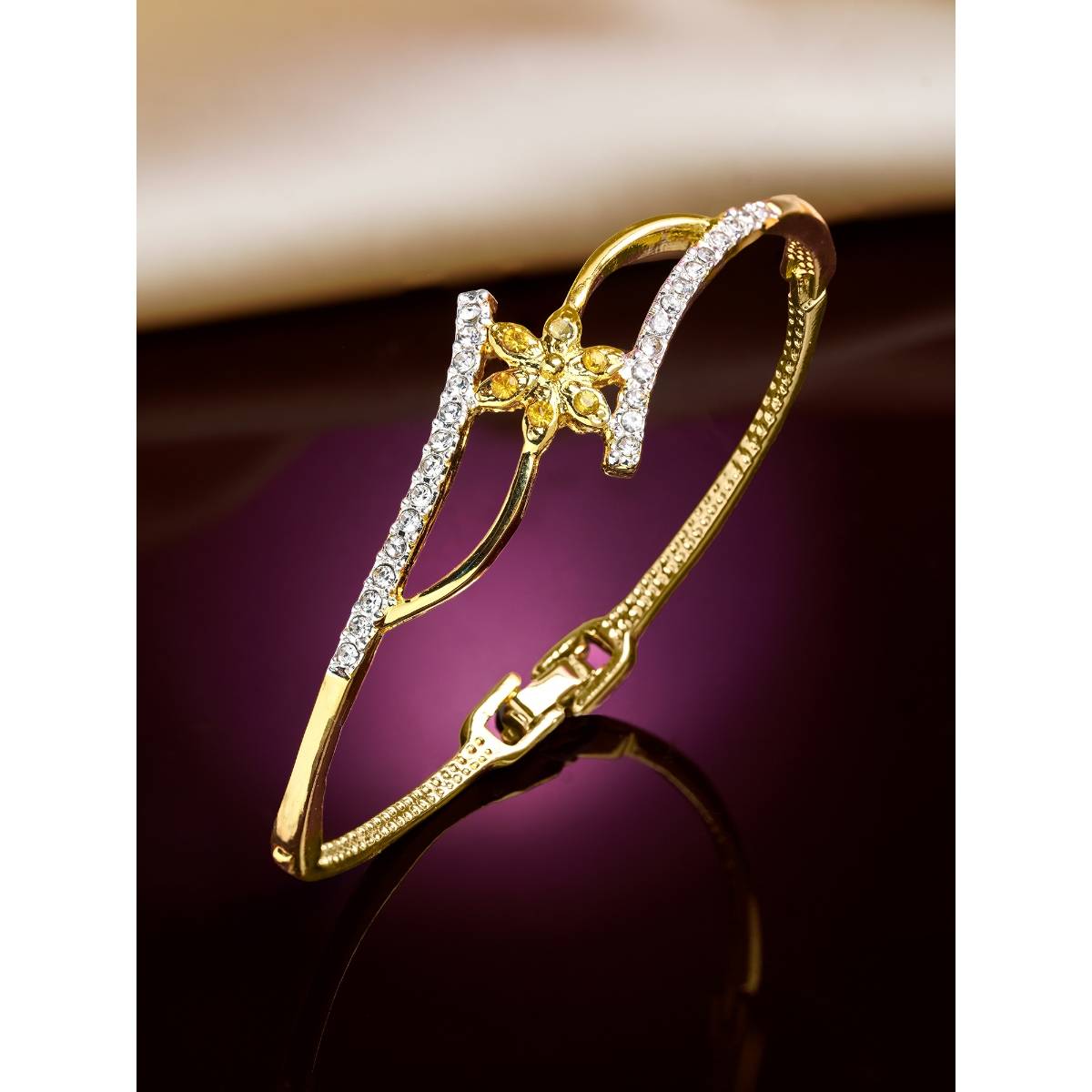 Estele Gold Plated Wave 6 Stone Flower Bracelet With Crystals For Women