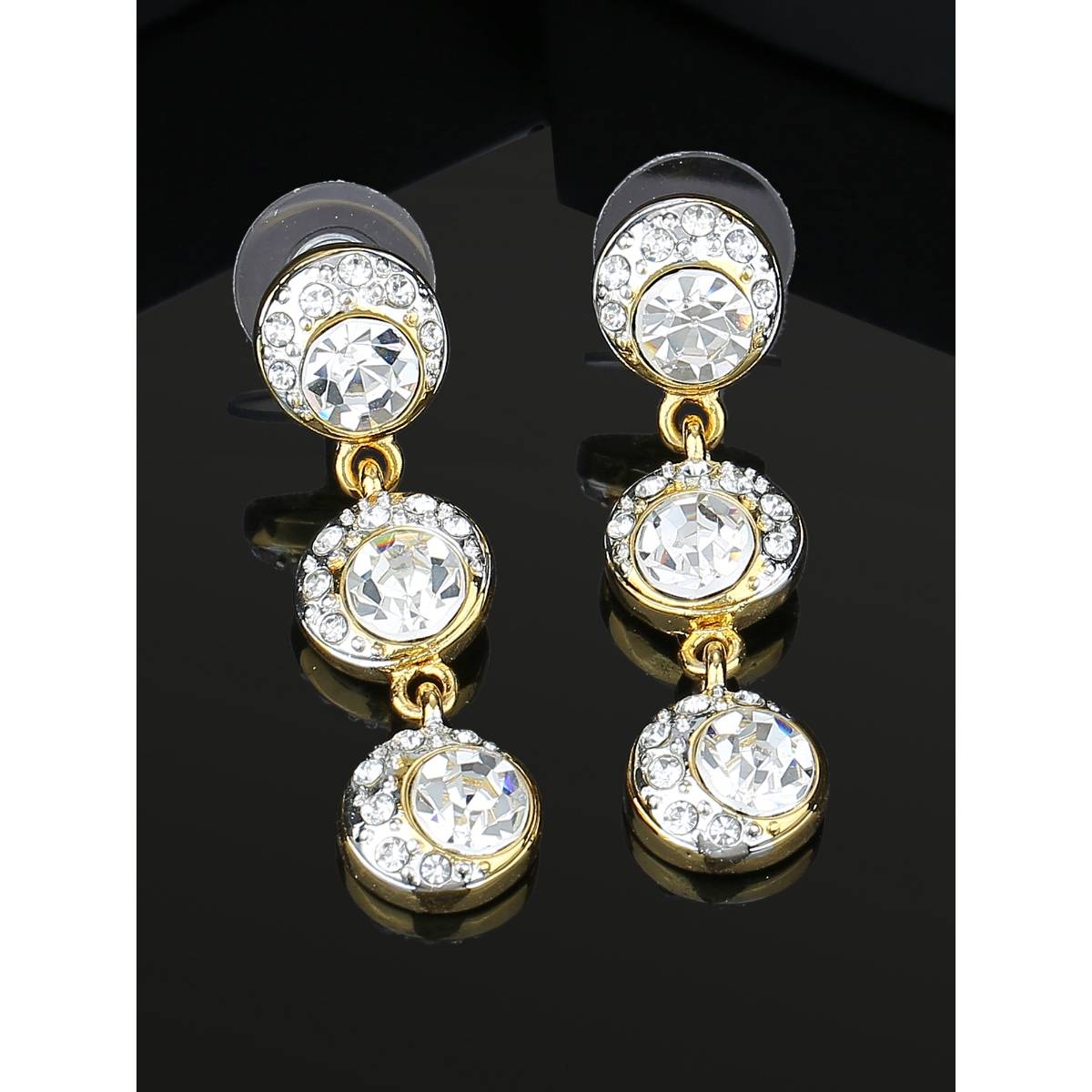 Estele Gold And Rhodium Solitaire Halo Dangle Earrings With Crystal For Women