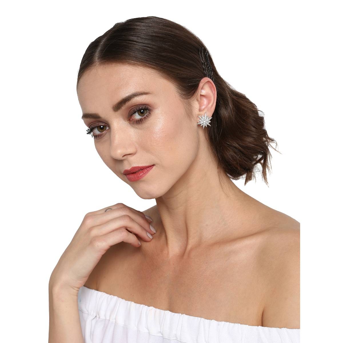 Estele Rhodium Plated Star Designer Stud Earring With Austrian Crystals For Women