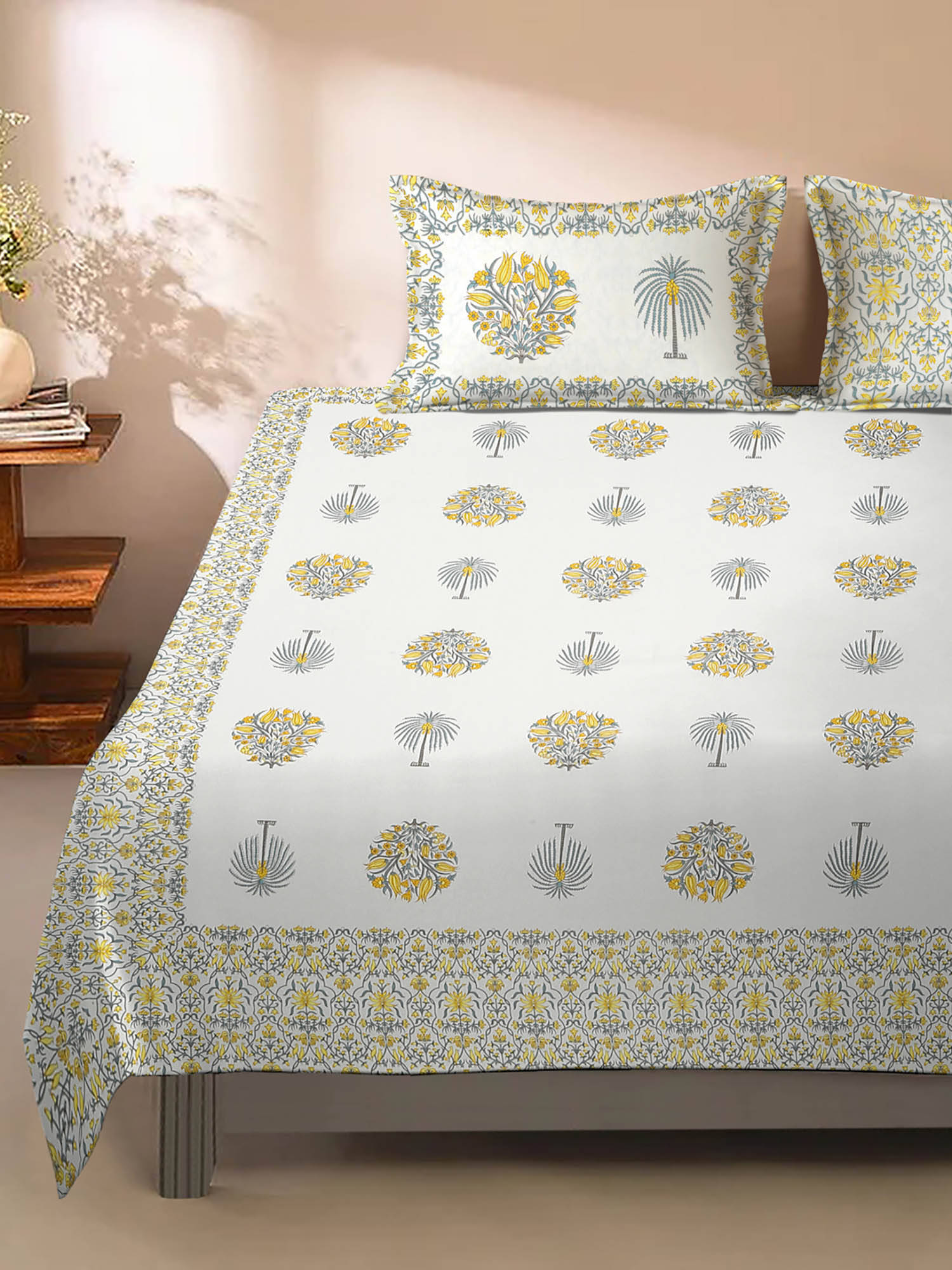 Rajasthan Decor White and Yellow Floral Print 220 TC Cotton King Bed Sheet with 2 Pillow Covers