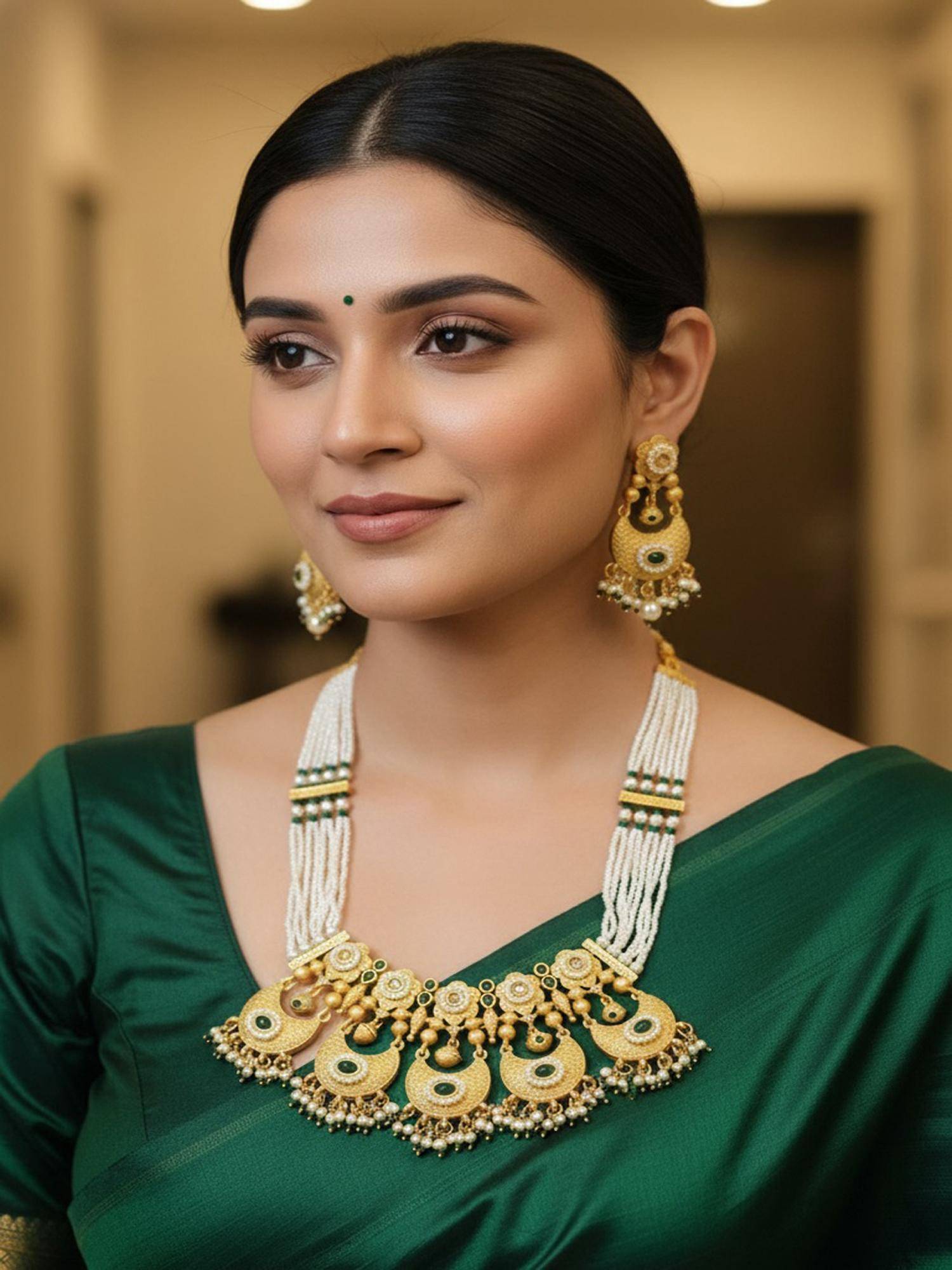 PANASH Gold-Plated Green Kundan-Studded Necklace with Earrings