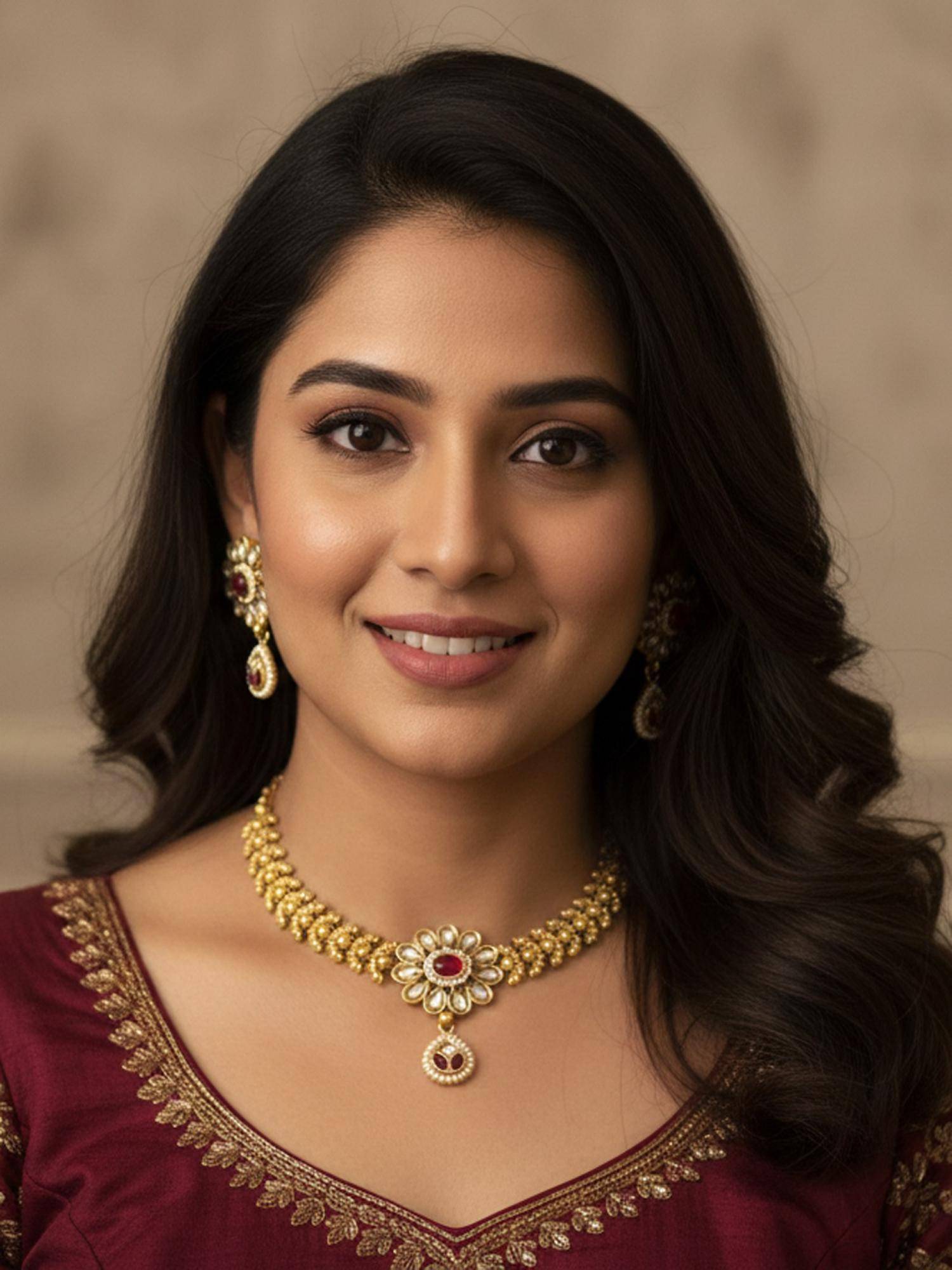 PANASH Gold-Plated Pink Stones Necklace with Earrings
