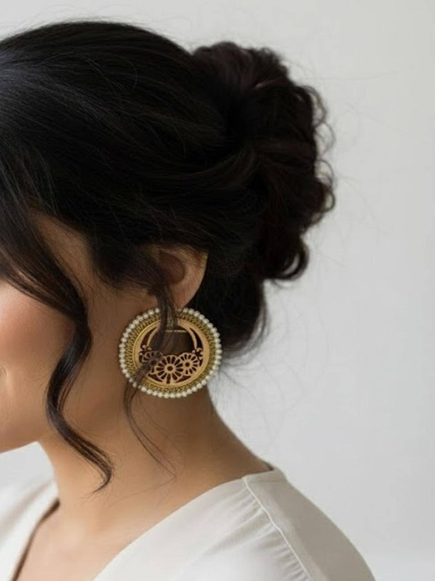 PANASH White Beaded Wooden Circular Drop Earrings