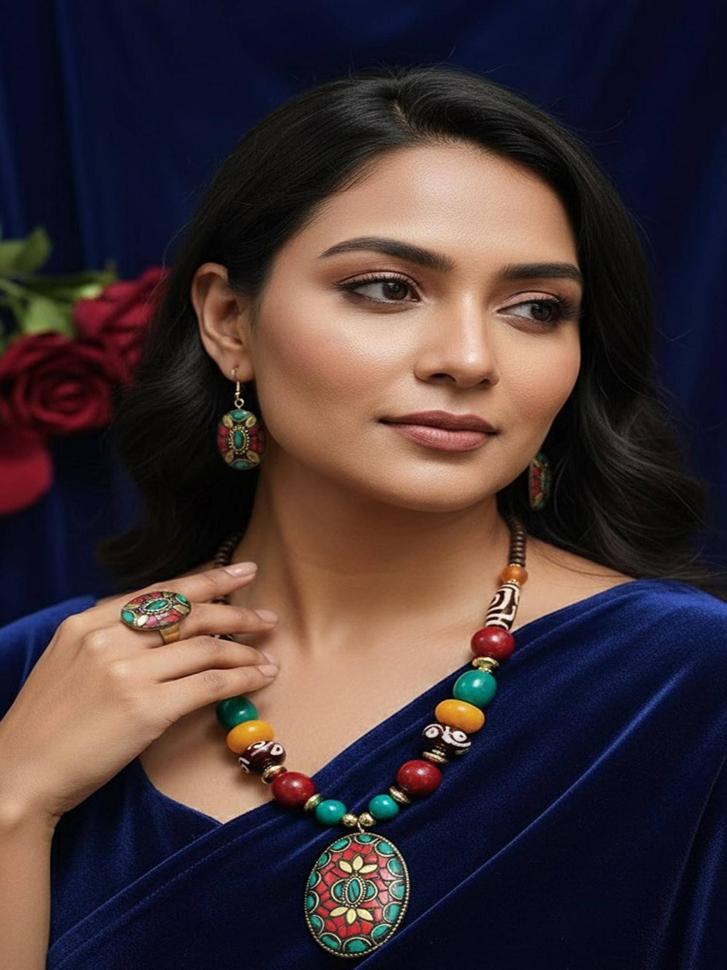 PANASH Gold-Plated Multi-Color Artificial Beaded Necklace & Earrings with Ring