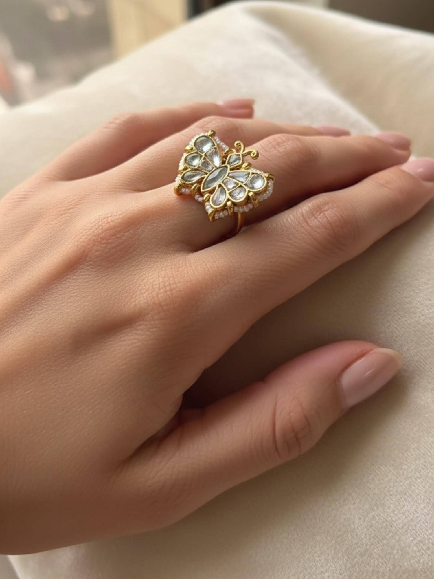 PANASH White Gold-Plated Stone Studded Adjustable Ring