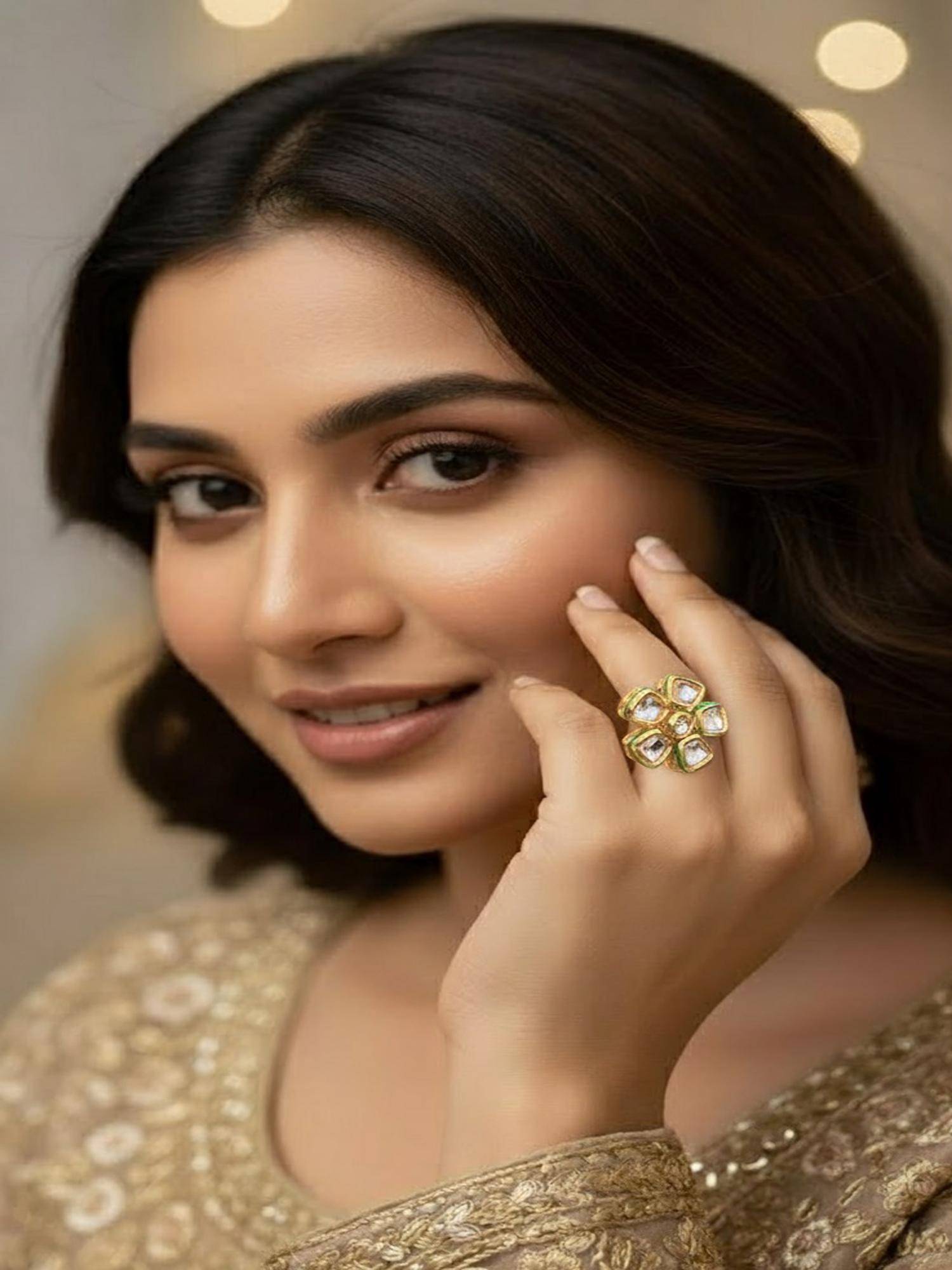 PANASH White Gold-Plated Cubic Zirconia Studded Ring