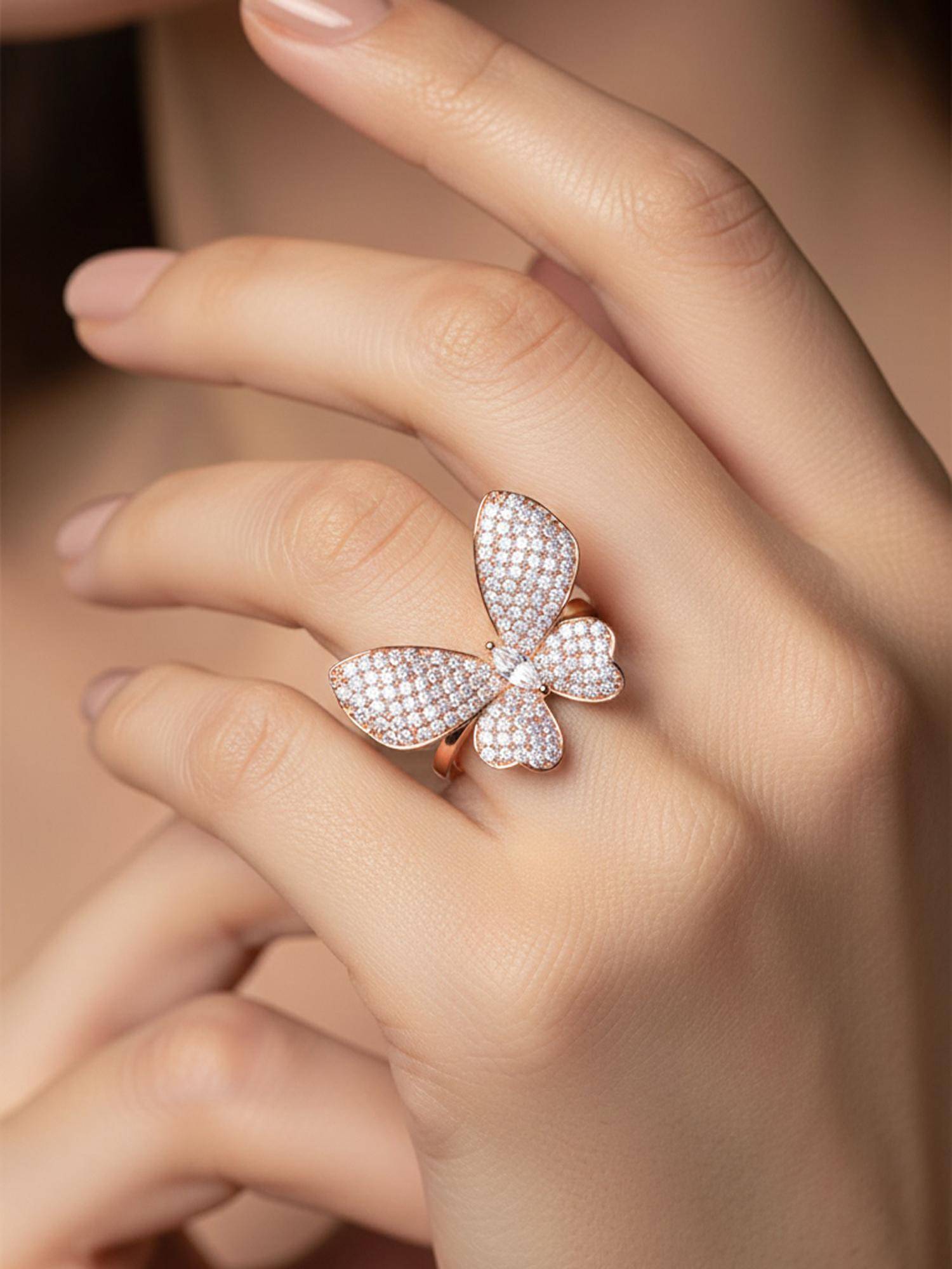 PANASH Rose Gold-Plated Butterfly Shape White Stones Ring