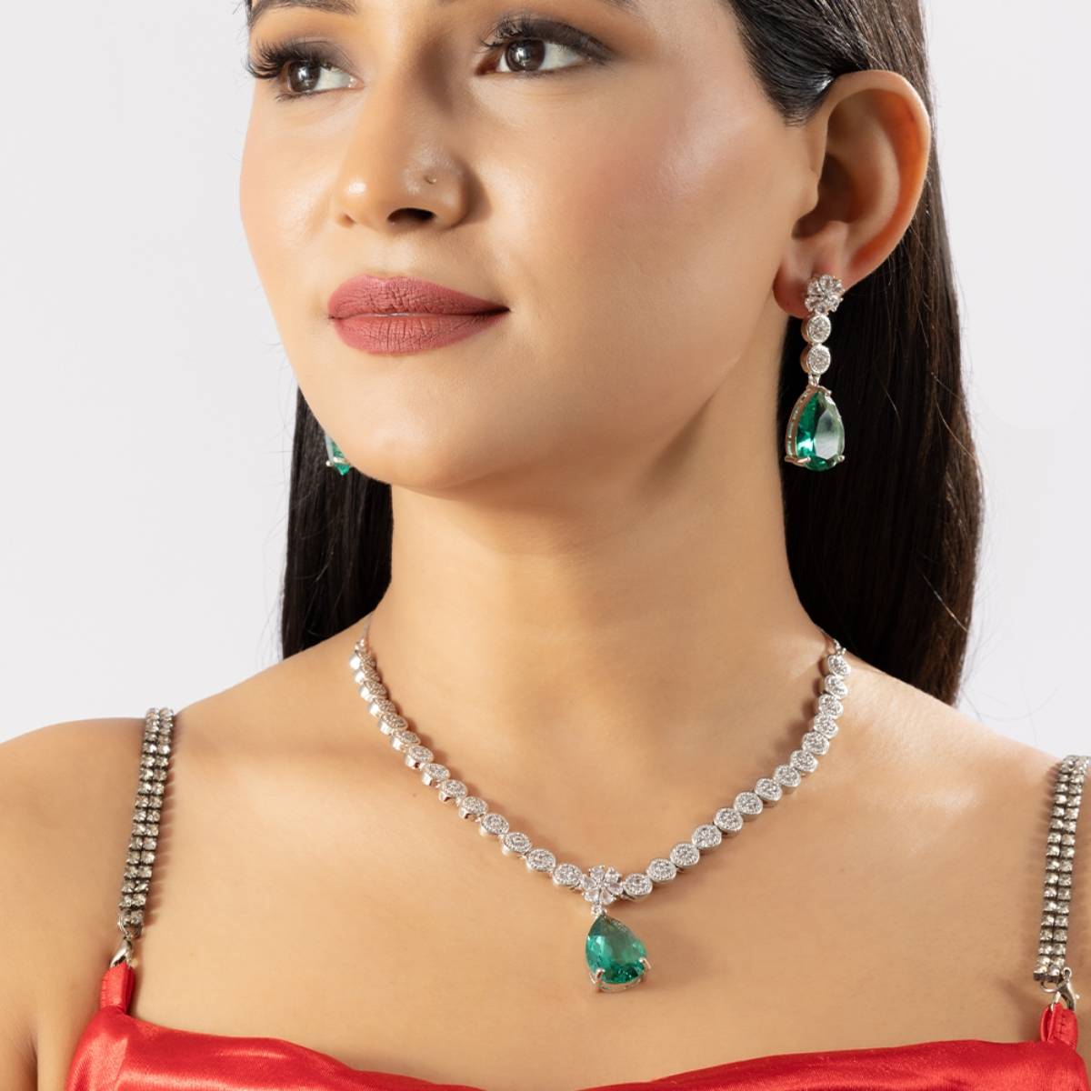 Niscka Emerald Green American Diamond Necklace Set