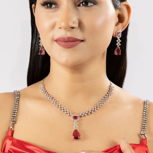 Buy Niscka Gleaming Red Emerald American Diamond Necklace Set Online