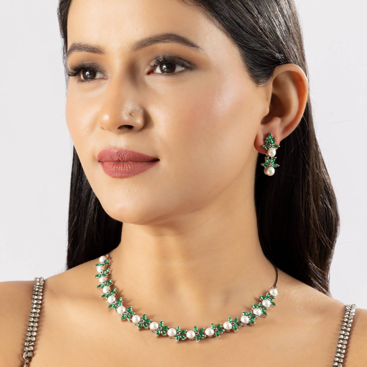 Niscka Lavish Pearls Emerald Green American Diamond Necklace Set