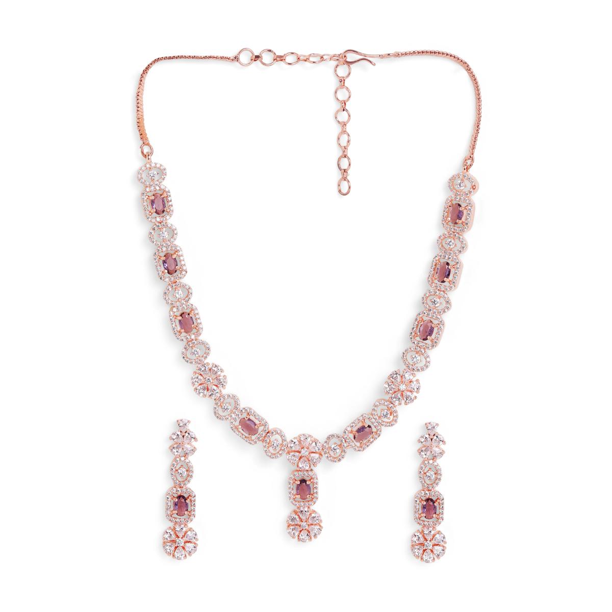 Buy Priyaasi Rose Gold Plated Floral Purple Stoned Necklace With AD