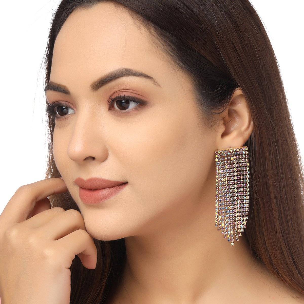 Yellow Chimes Gold Toned Sparkling Crystal Studded Linear Chain Dangling Earrings