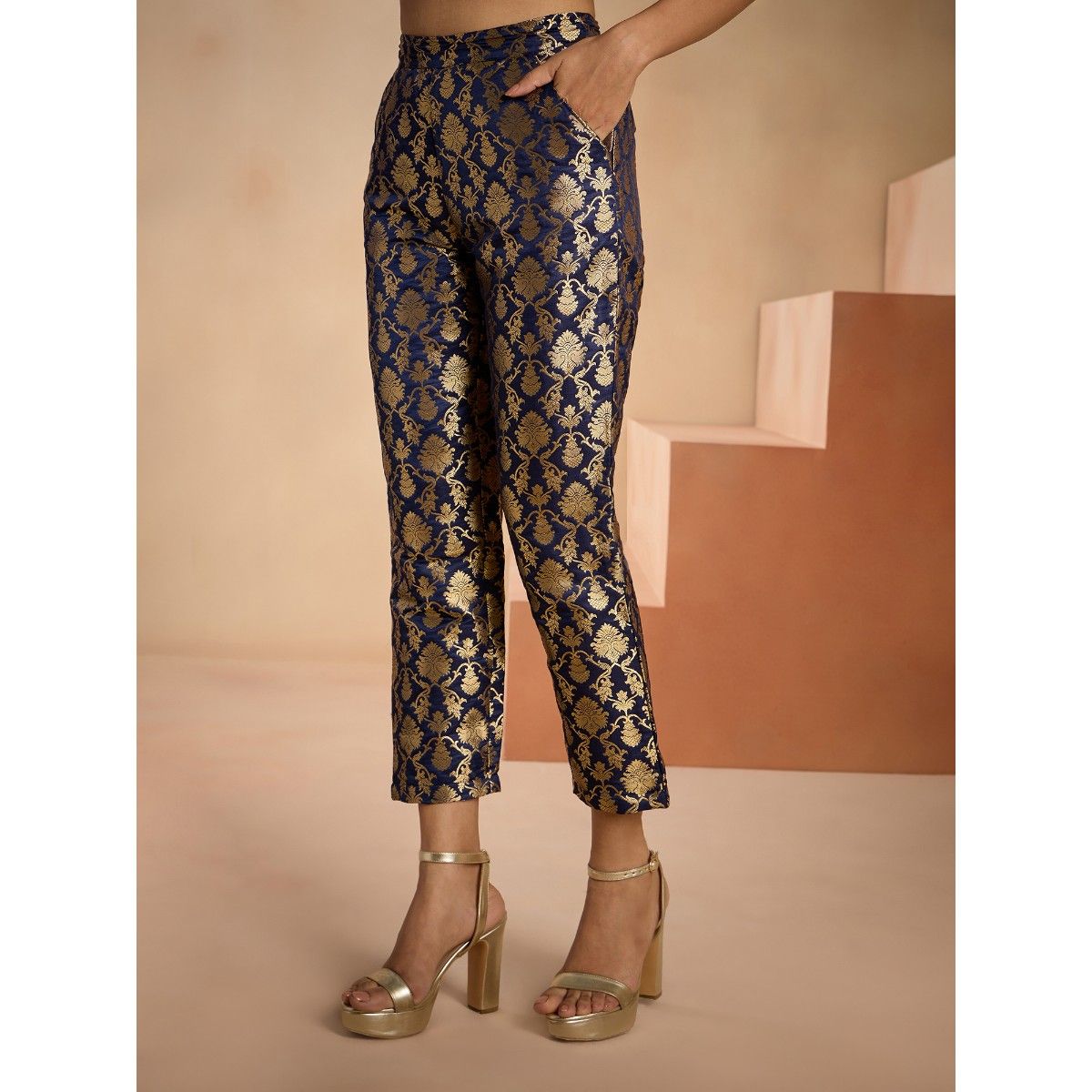 Buy RIVI Womens Regular Fit Brocade Blue Banarasi Trousers at Amazonin