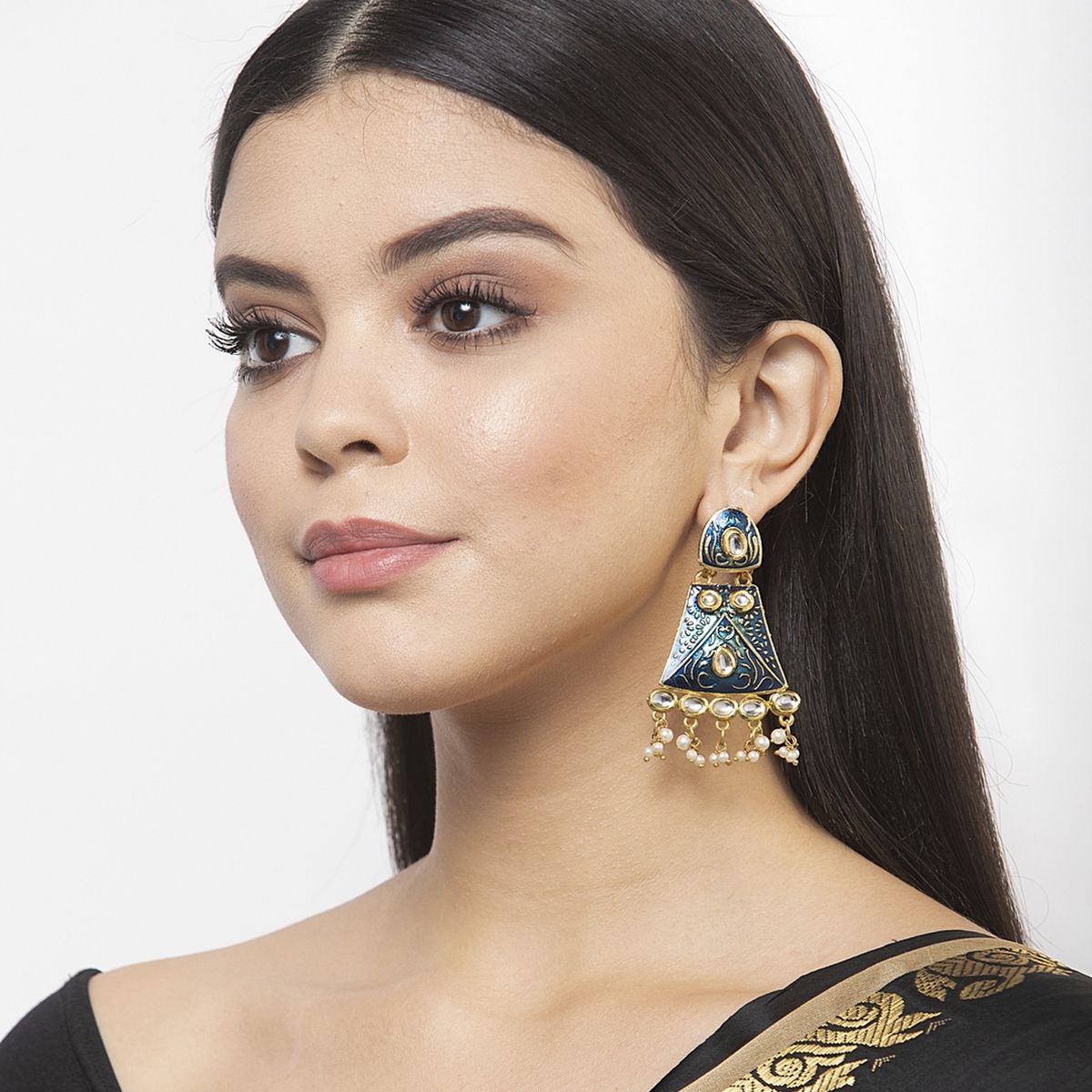 Moedbuille Kundan Studded Handpainted Blue Meenakari Design Gold Plated