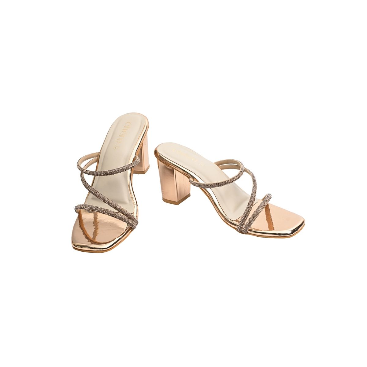 rose gold strappy block heels