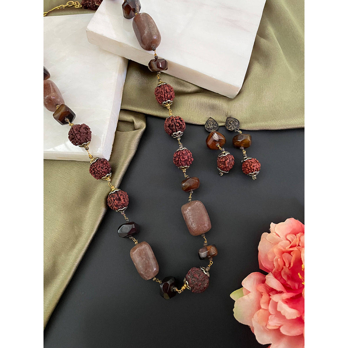 Digital Dress Room Tiger Eye Gemstone Rudraksha Mala and Earrings (Set of 2)