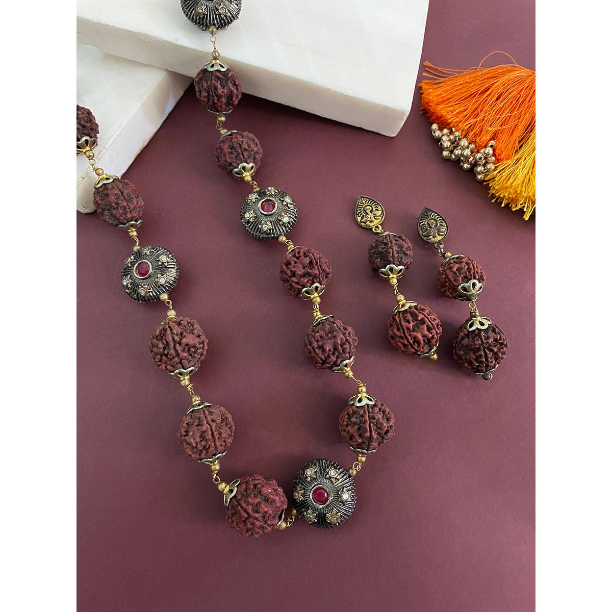 Digital Dress Room Floral Red Pendant Rudraksha Mala and Earrings (Set of 2)