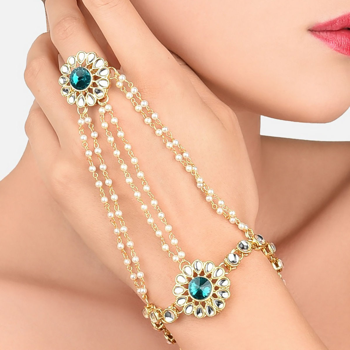 Buy LAIDA Women Gold-Plated White Kundan & Pearl Studded Three Fingers Ring  Bracelet Online