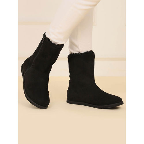 Buy Yoho Black Slays Suede-Finish Mid-Calf Winter Boots with Fur
