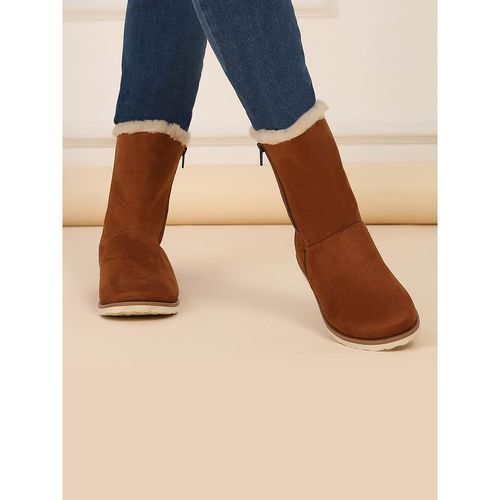 Yoho Brown Slays Suede-Finish Mid-Calf Winter Boots with Fur Lining for  Women (UK 3)