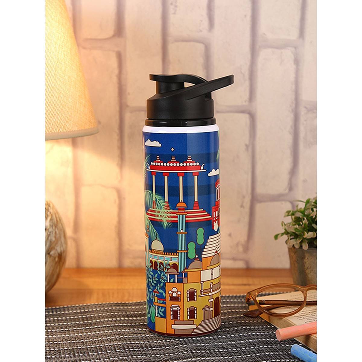 PENTADECO Double Cap Sports Water Bottle with Beautiful Monuments Printed 750Ml