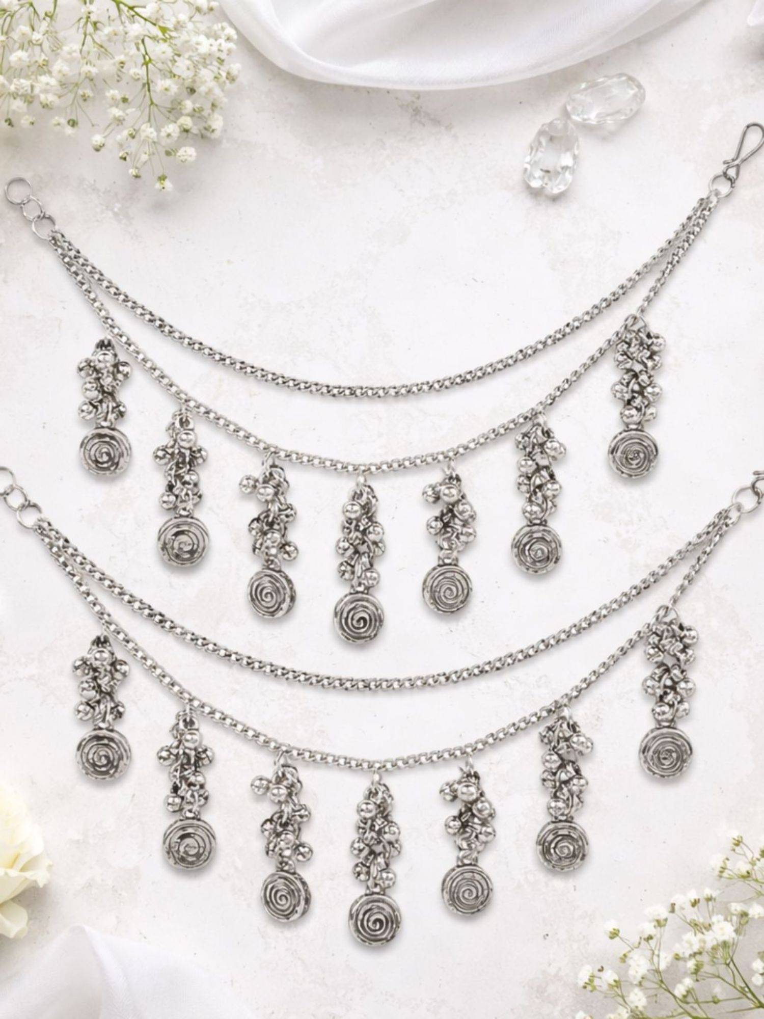 I Jewels Silver-Plated Designer Oxidised Ear Chain Silver
