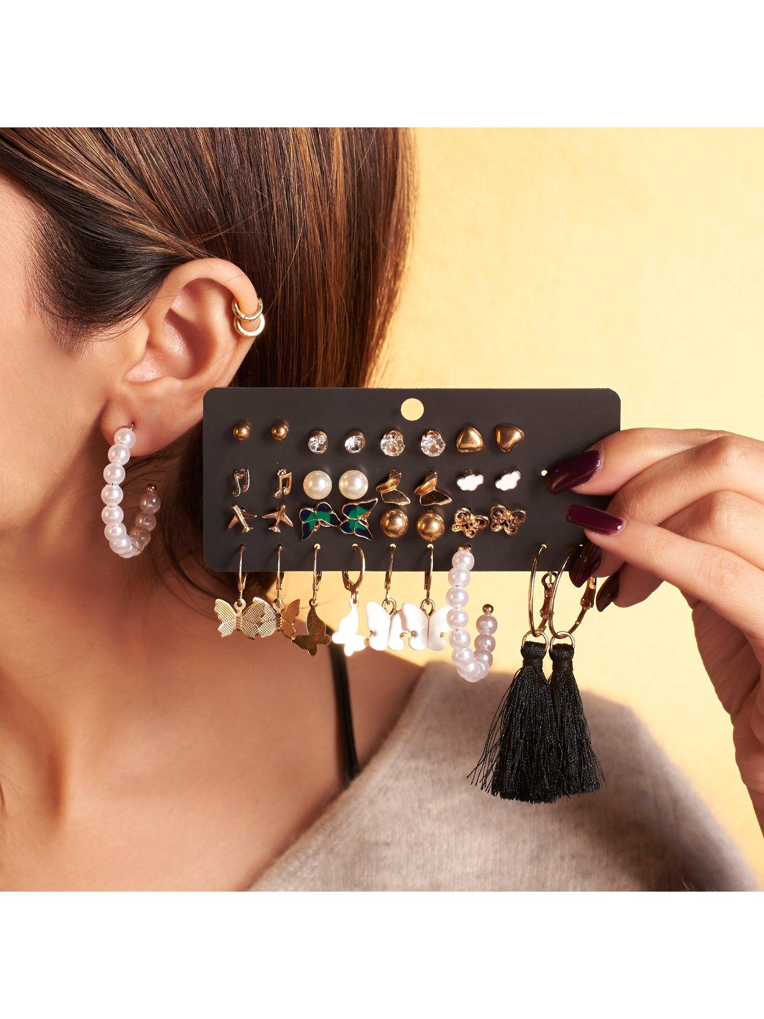 Salty Women Bohemian Long Tassel Drop- Stud Earrings (Pack of 17)