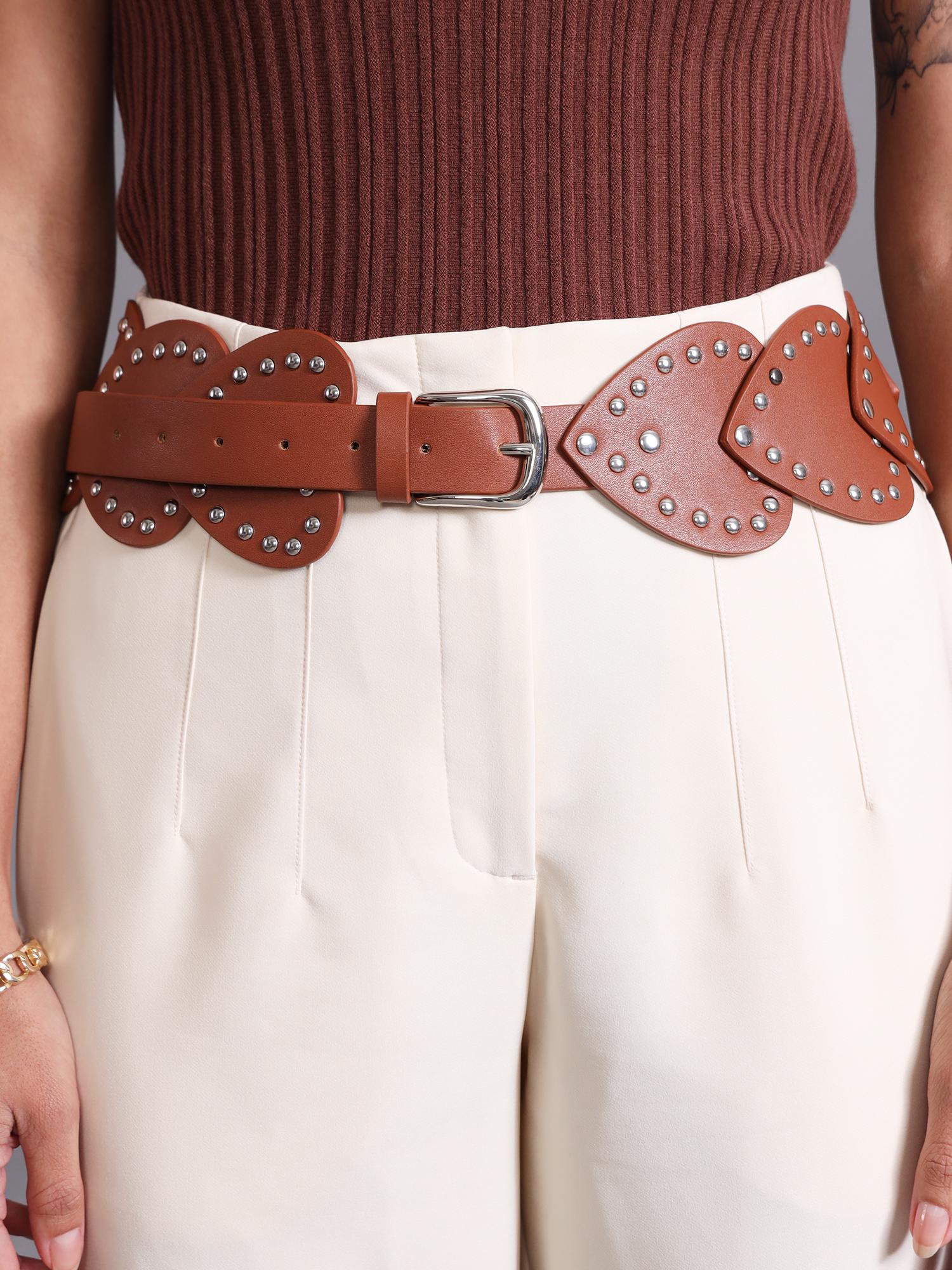 Buy Kazo Studded Heart Statement Broad Belt- Brown (S) Online