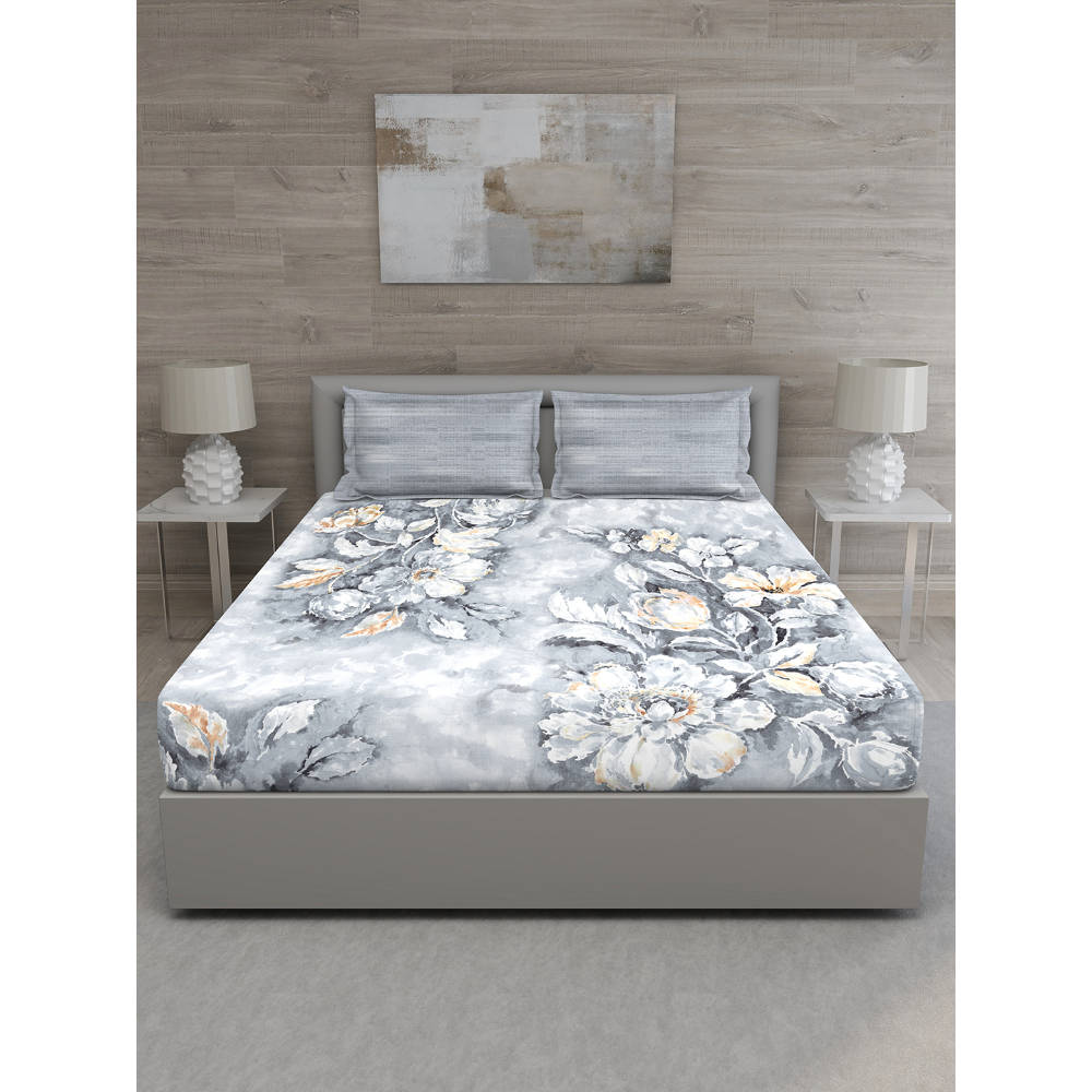 GM Grey Floral 144 TC Cotton Queen Bedsheet with 2 Pillow Covers