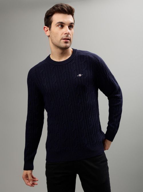 Buy GANT Men Blue Self Design Round Neck Full Sleeves Sweater Online