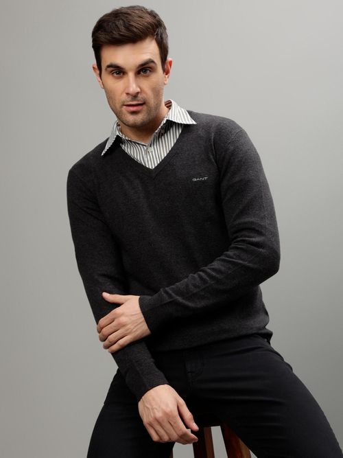 Buy GANT Men Charcoal Solid V-Neck Full Sleeves Sweater Online
