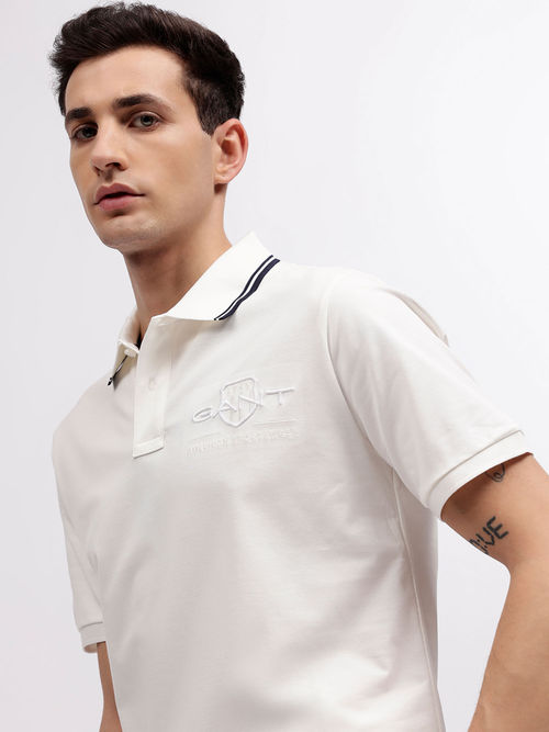 GANT Men Off White Solid Polo T-Shirt