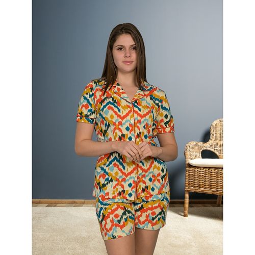MAYSIXTY Women Soft Cotton Printed Collar Multi-Color Half Sleeve Shirt  with Shorts (Set of 2) (S)