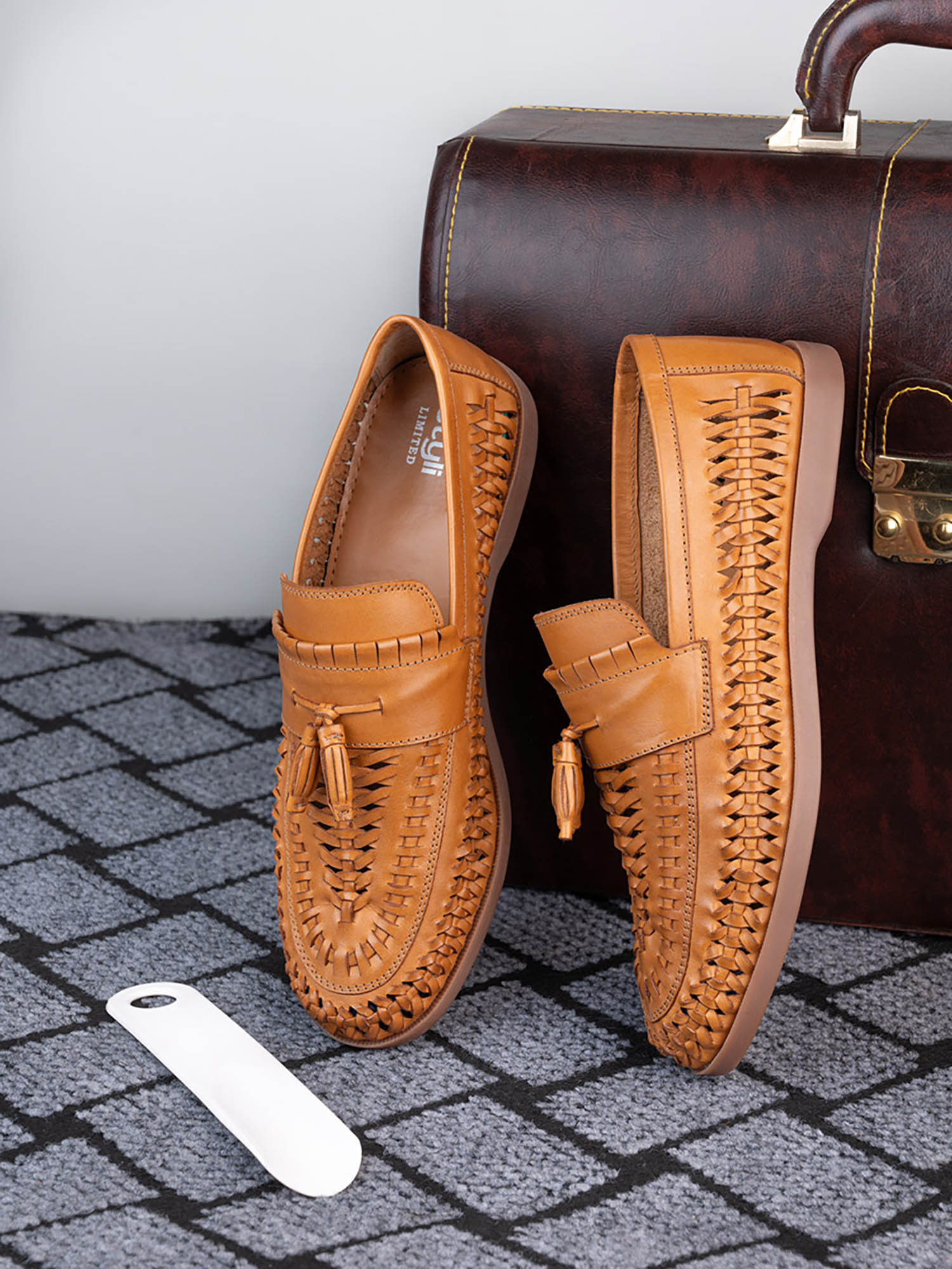 Styli Men Tan Genuine Leather Handmade Woven Loafers