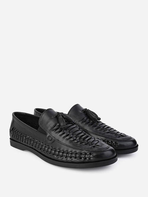 Buy Styli Men Black Genuine Leather Handmade Woven Tassel Loafers