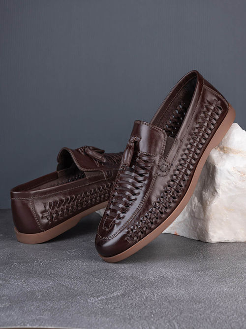 Styli Men Brown Genuine Leather Handmade Woven Tassel Loafers