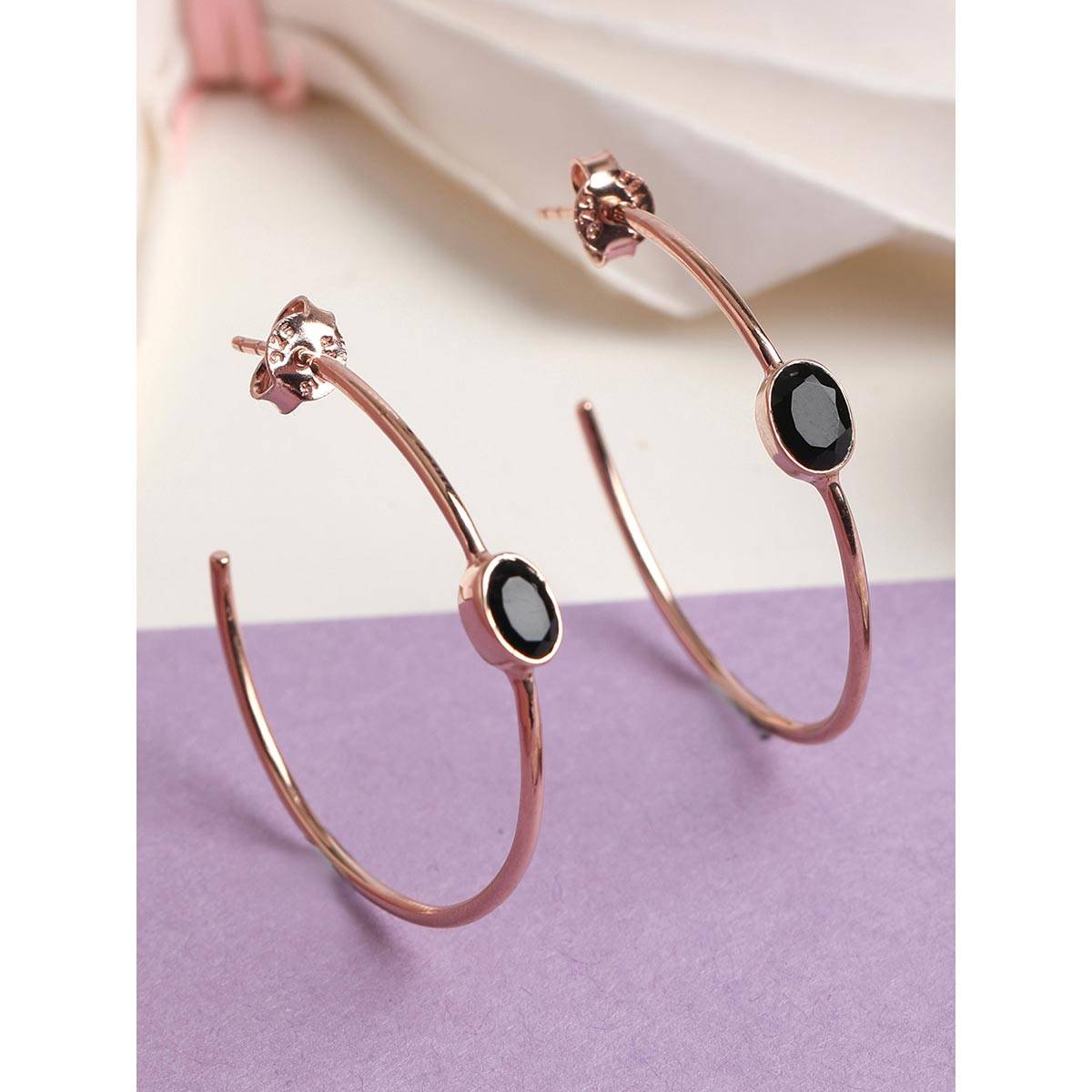 CLARA 925 Silver Rose Gold Rhodium Plated Black Onyx Hoop Earrings for Women and Girls