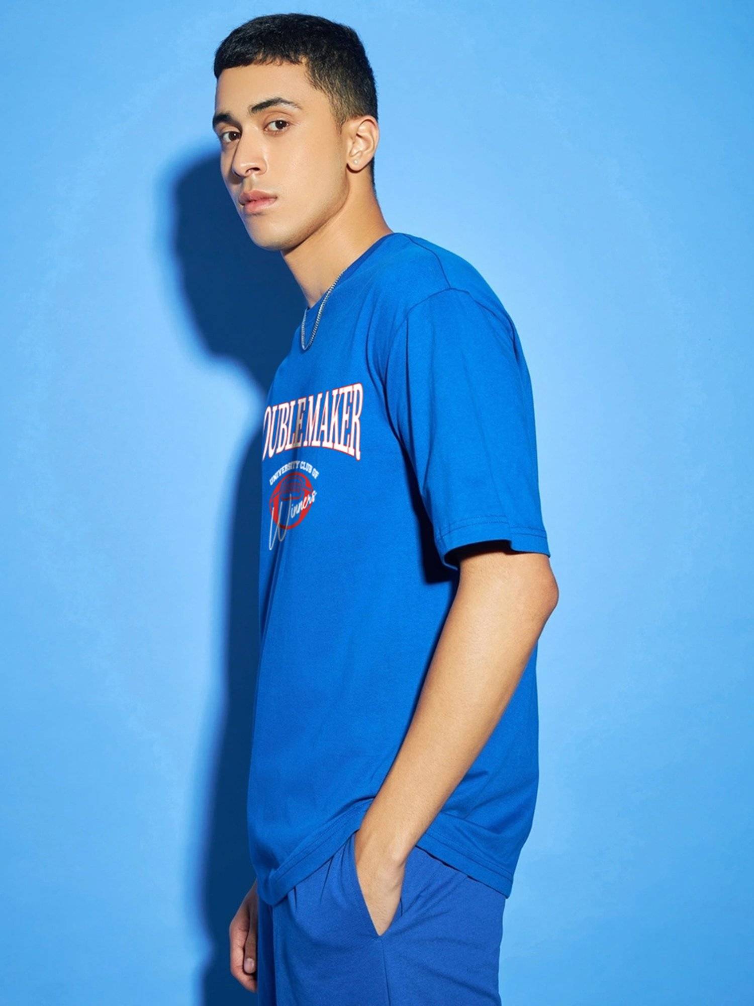 Buy Bewakoof Mens Blue Trouble Maker Graphic Printed Oversized