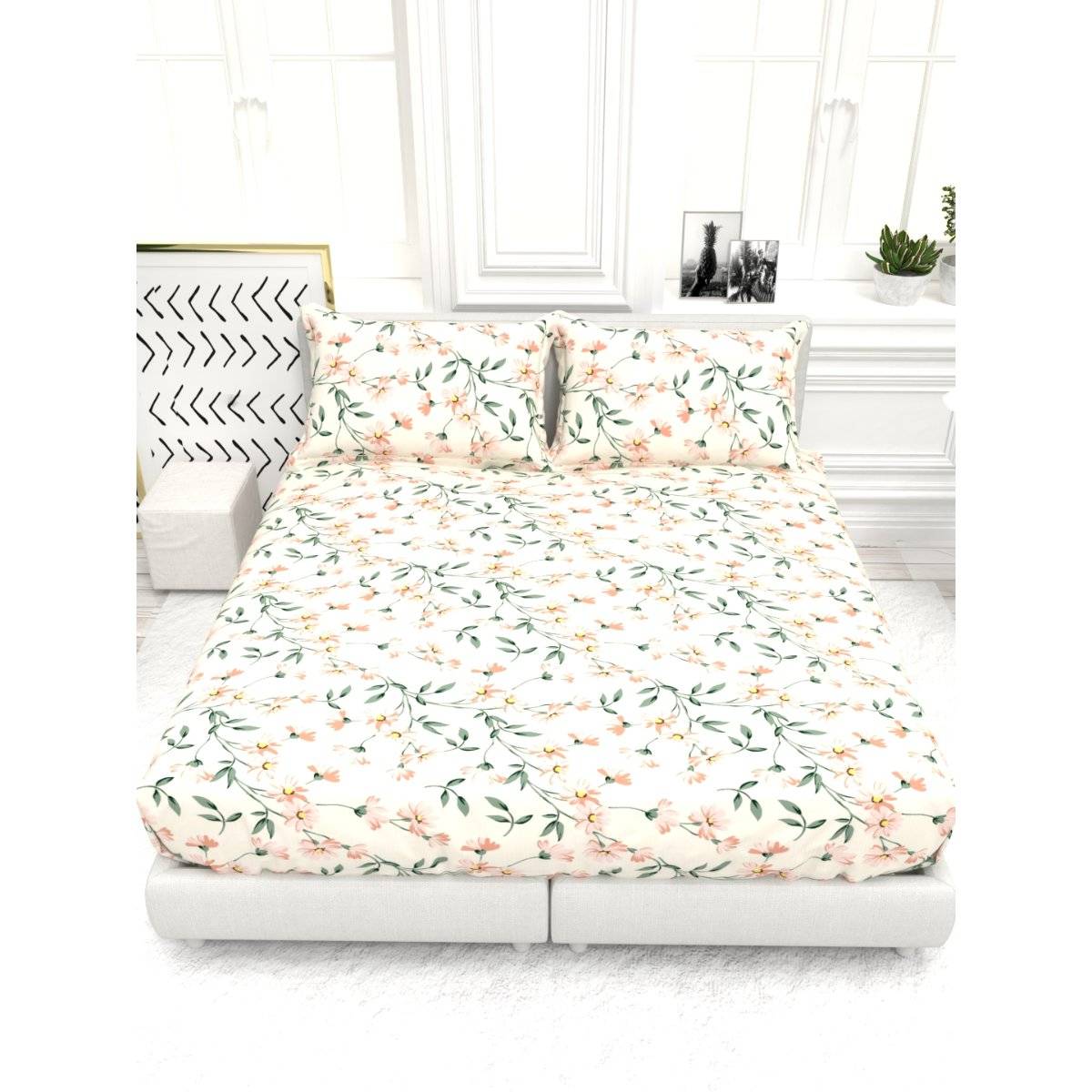 The White Moss Cream And Peach Blended Cotton Double Size Bedsheet With 2 Pillow Covers