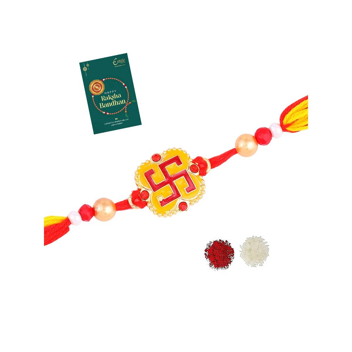Estele Gold Plated Swastik Gehana Rakhi with Roli Chawal & Card