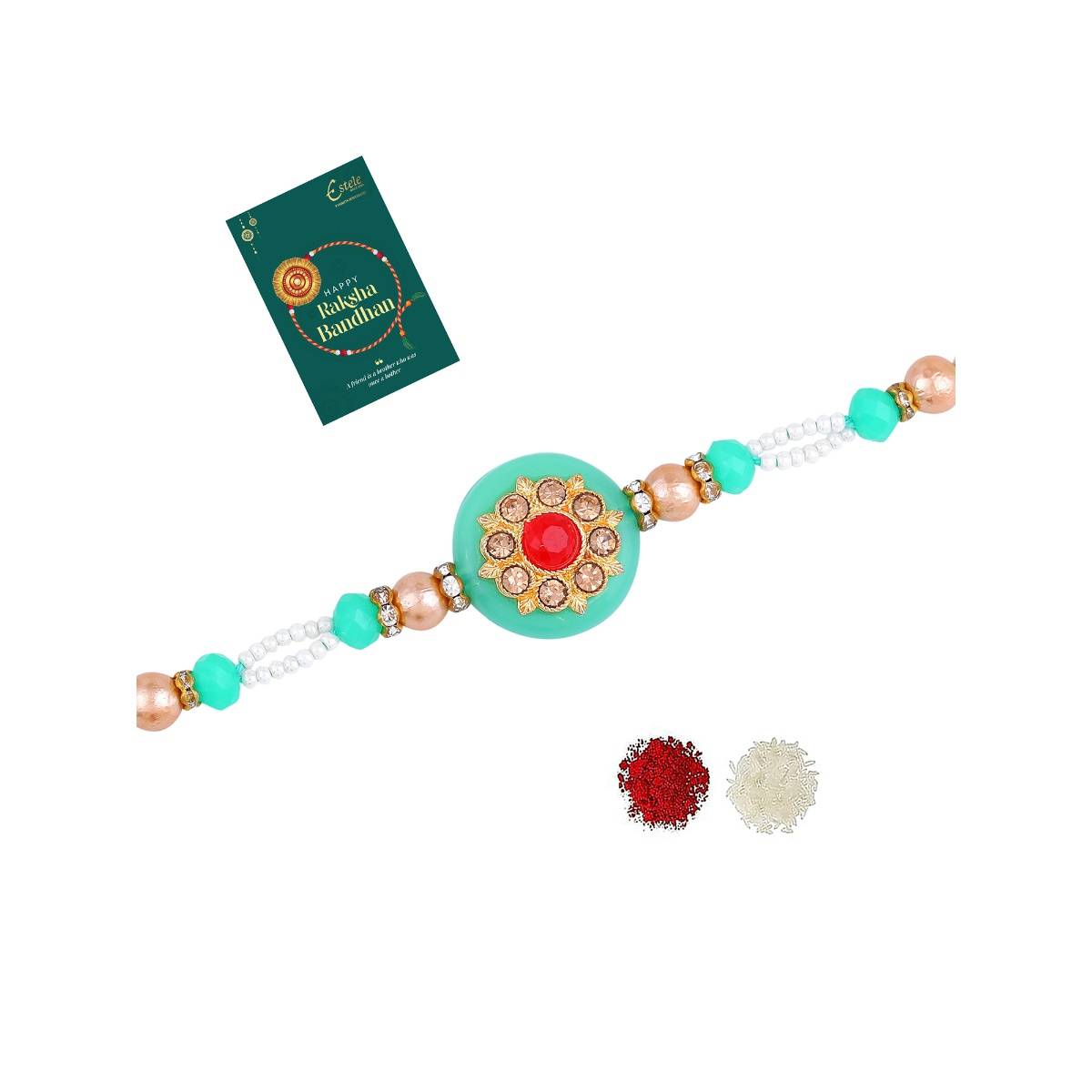 Estele Gold Plated Trendy Circle Gehana Rakhi with Roli Chawal & Card