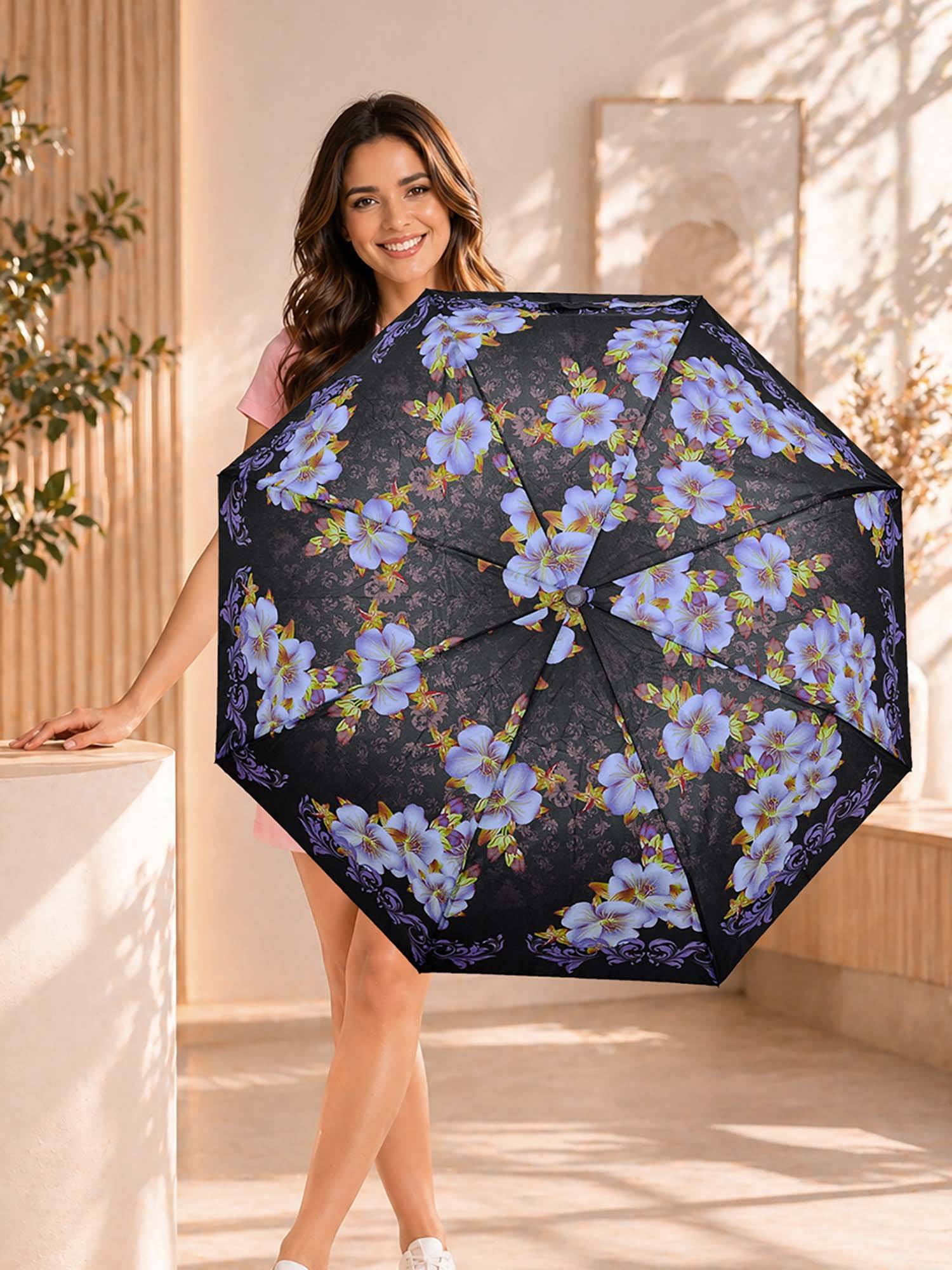 FABINALIV Black Floral Auto ON/OFF Waterproof Automatic Compact 3 Fold Printed Umbrella
